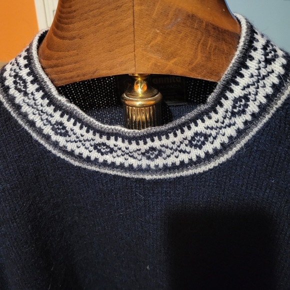 Artesanias Dannita 100% Alpaca Navy Blue Cream Sweater Crew Neck Peru Size L/XL - Picture 2 of 5